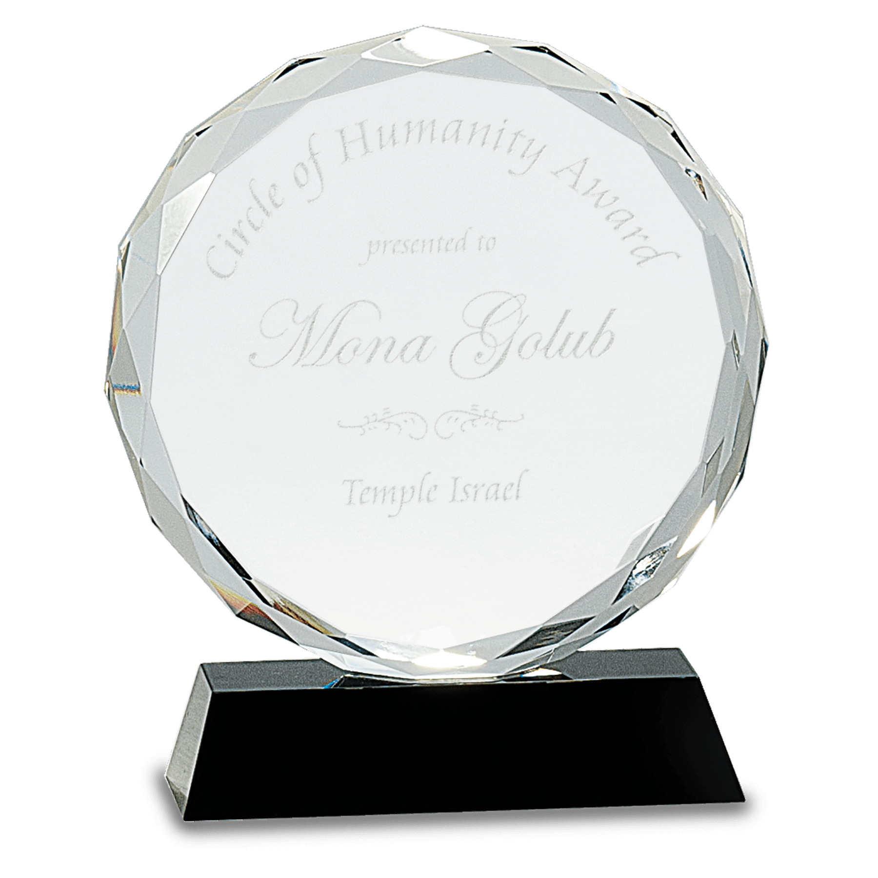 Large Round Facet Crystal on Black Pedestal Base