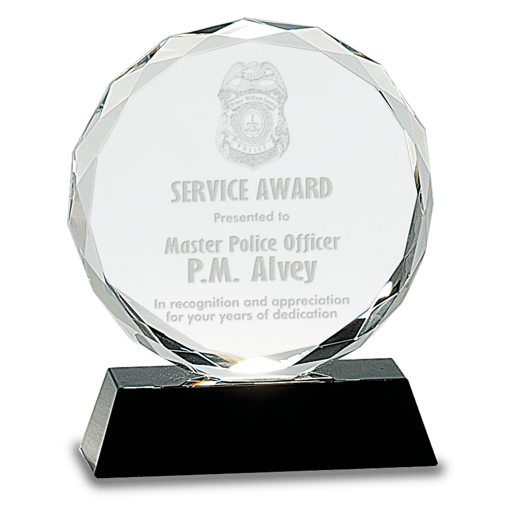 Medium Round Facet Crystal on Black Pedestal Base