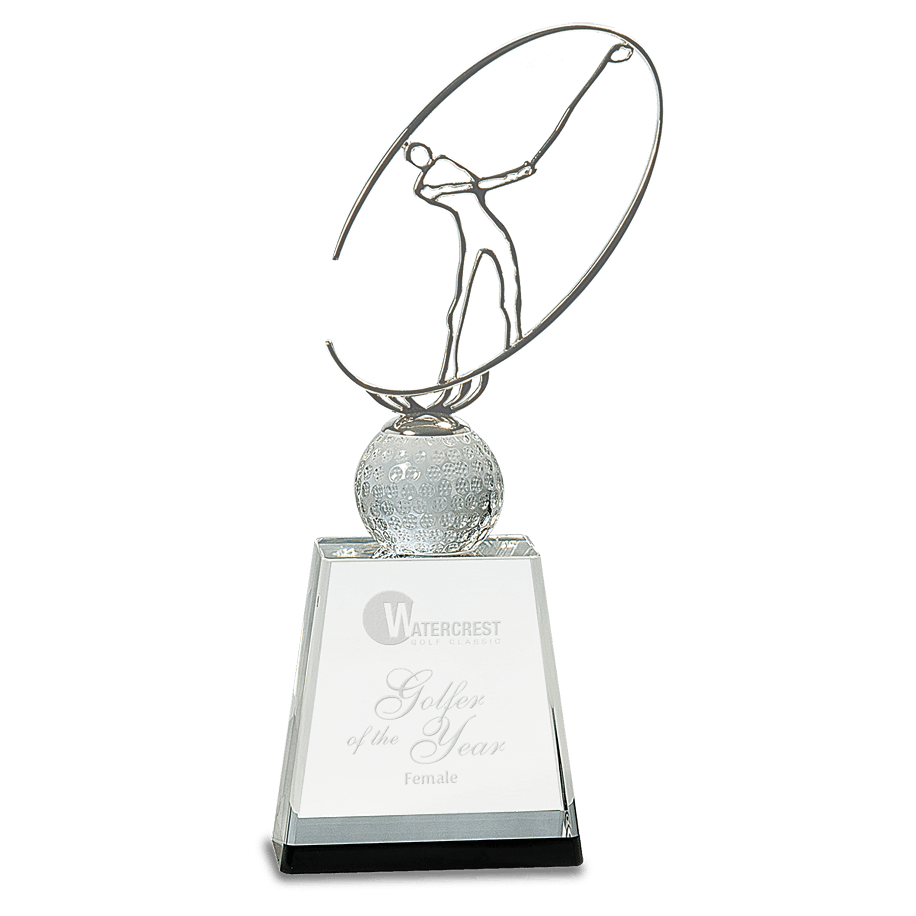 Medium Clear/Black Crystal Golf Award with Silver Metal Oval Figure