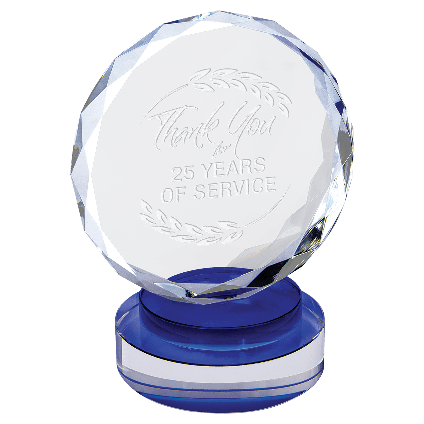 Medium Round Facet Crystal on Blue & Clear Round Base