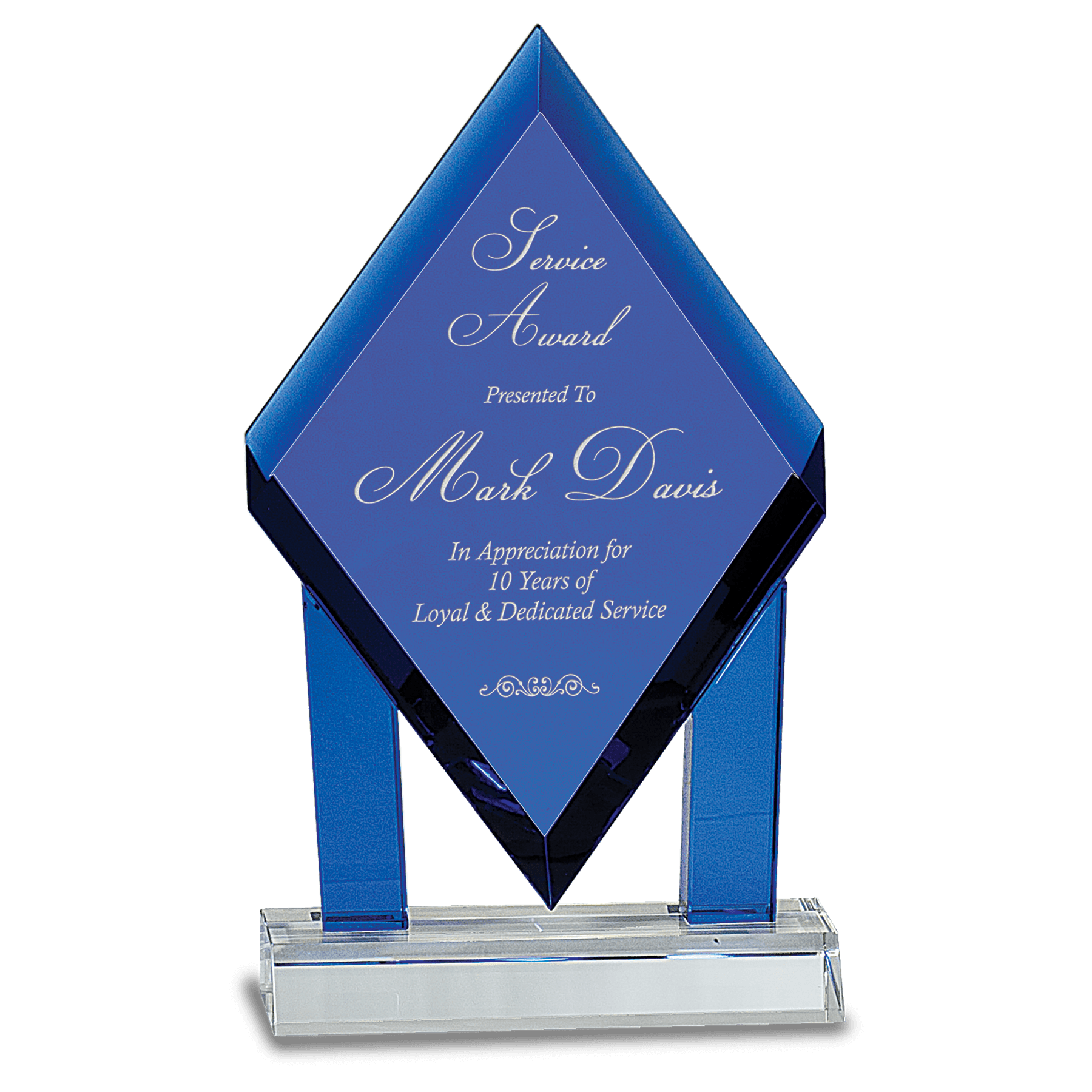 Blue Crystal Floating Diamond with Blue Columns on Clear Base