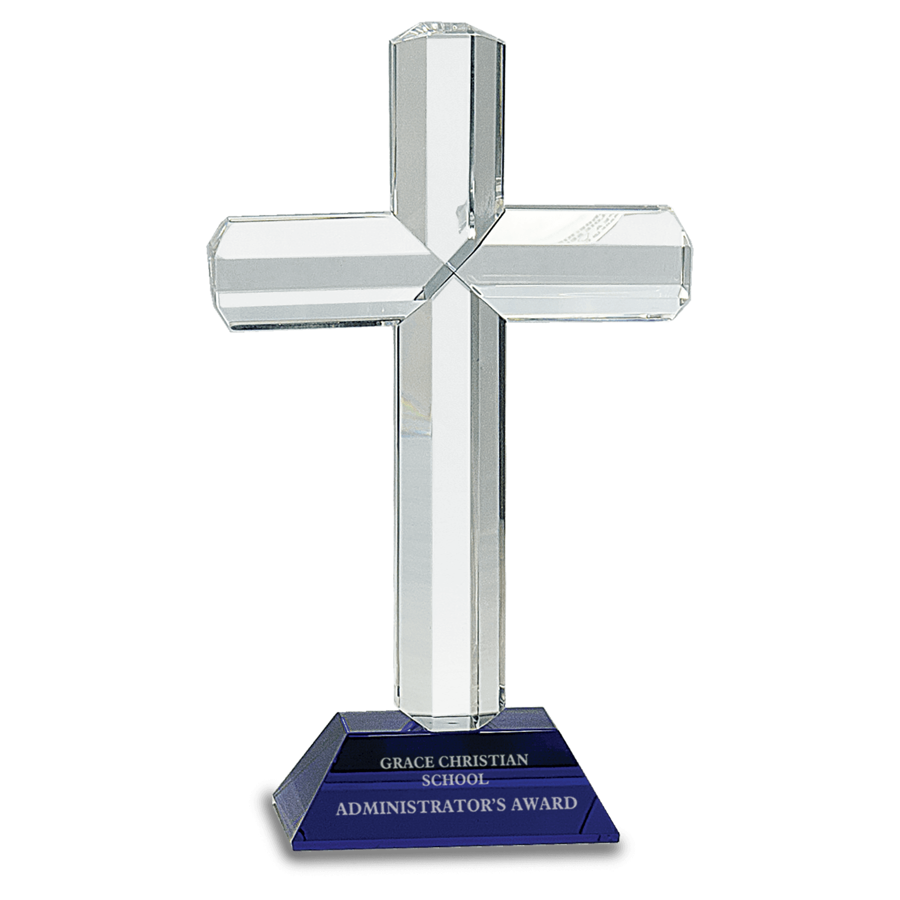 Crystal Cross on Blue Pedestal Base