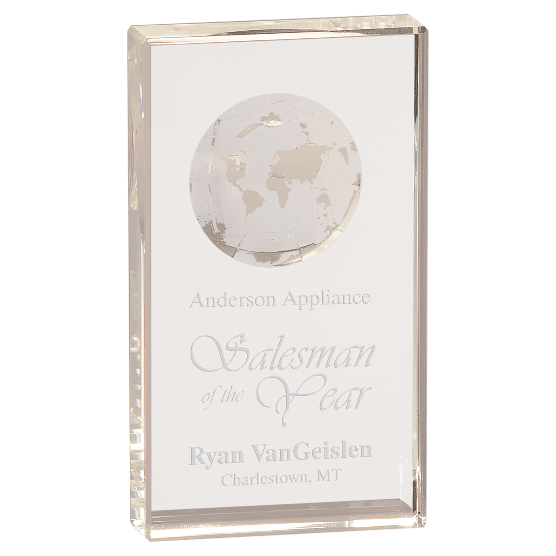 Large Clear Crystal Rectangle with Globe Etching